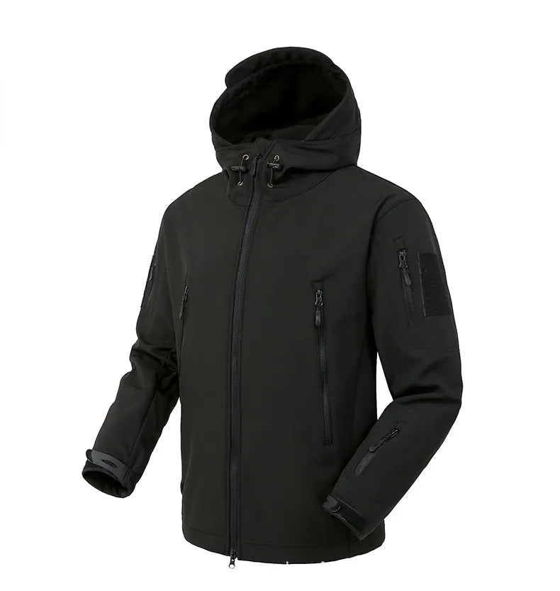 Men's US Military Winter Thermal Fleece Tactical Jacket in outdoor setting, showcasing its hood and fleece material.