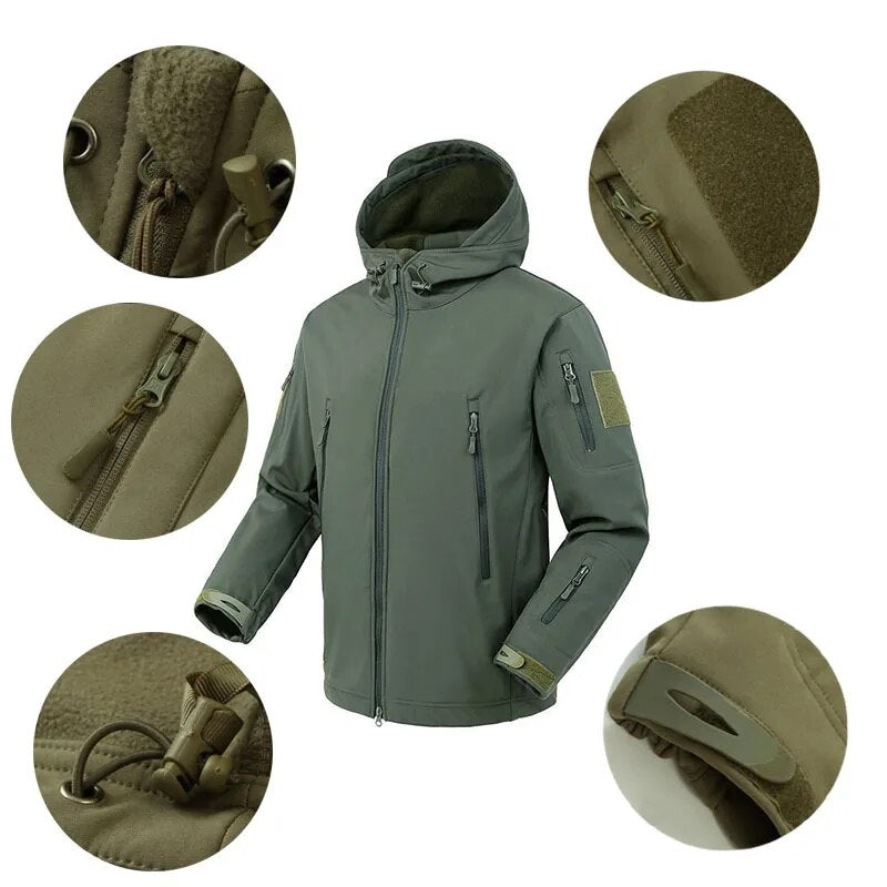 Men's US Military Winter Thermal Fleece Tactical Jacket in outdoor setting, showcasing its hood and fleece material.