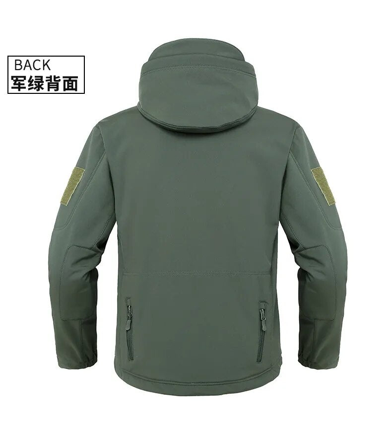 Men's US Military Winter Thermal Fleece Tactical Jacket in outdoor setting, showcasing its hood and fleece material.