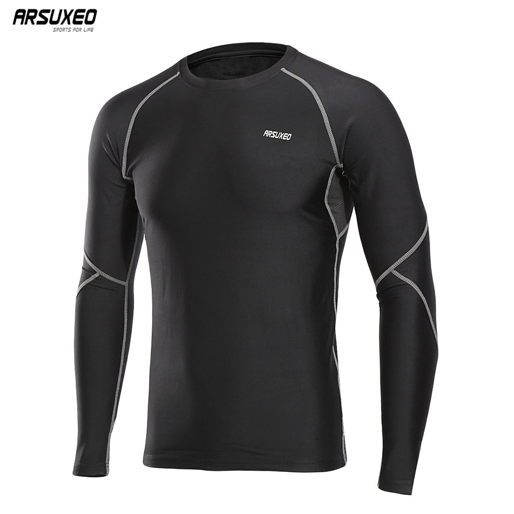 Men's winter compression shirt in green, blue, and gray, featuring long sleeves and fleece lining for warmth during workouts.