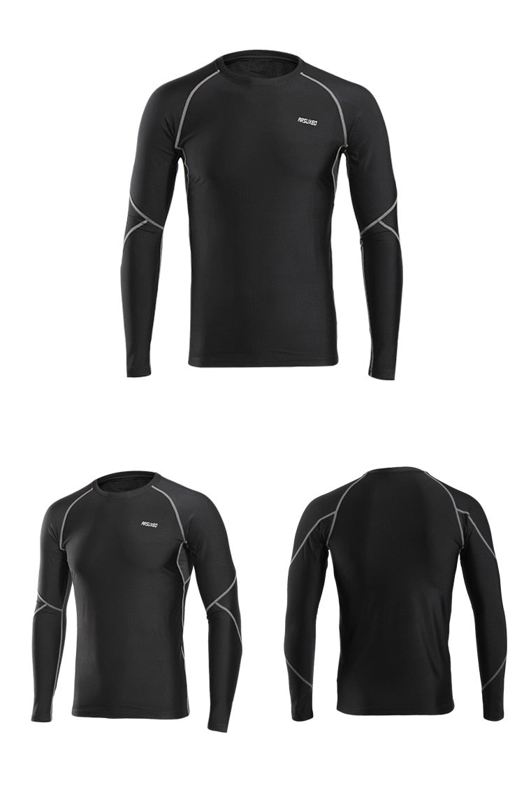 Men's winter compression shirt in green, blue, and gray, featuring long sleeves and fleece lining for warmth during workouts.