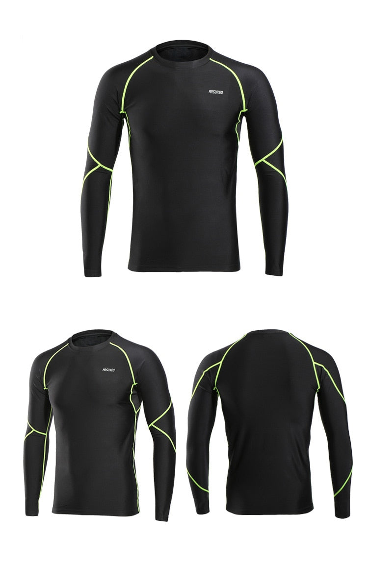 Men's winter compression shirt in green, blue, and gray, featuring long sleeves and fleece lining for warmth during workouts.