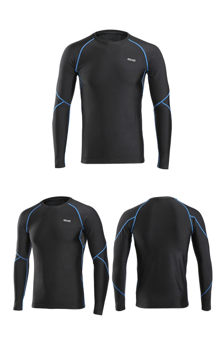 Men's winter compression shirt in green, blue, and gray, featuring long sleeves and fleece lining for warmth during workouts.