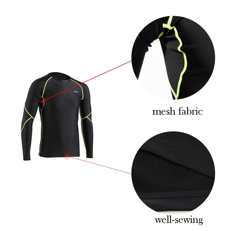 Men's winter compression shirt in green, blue, and gray, featuring long sleeves and fleece lining for warmth during workouts.