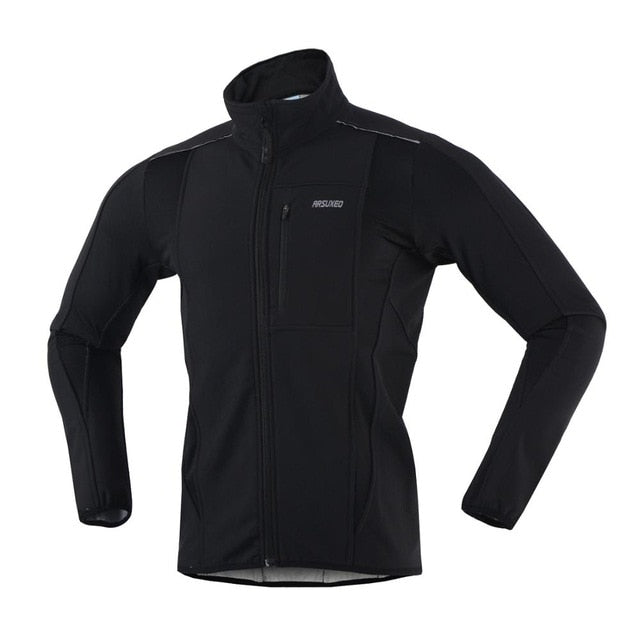 Men's winter cycling jacket featuring fleece lining, windproof and waterproof materials, reflective details, and multiple pockets for convenience.