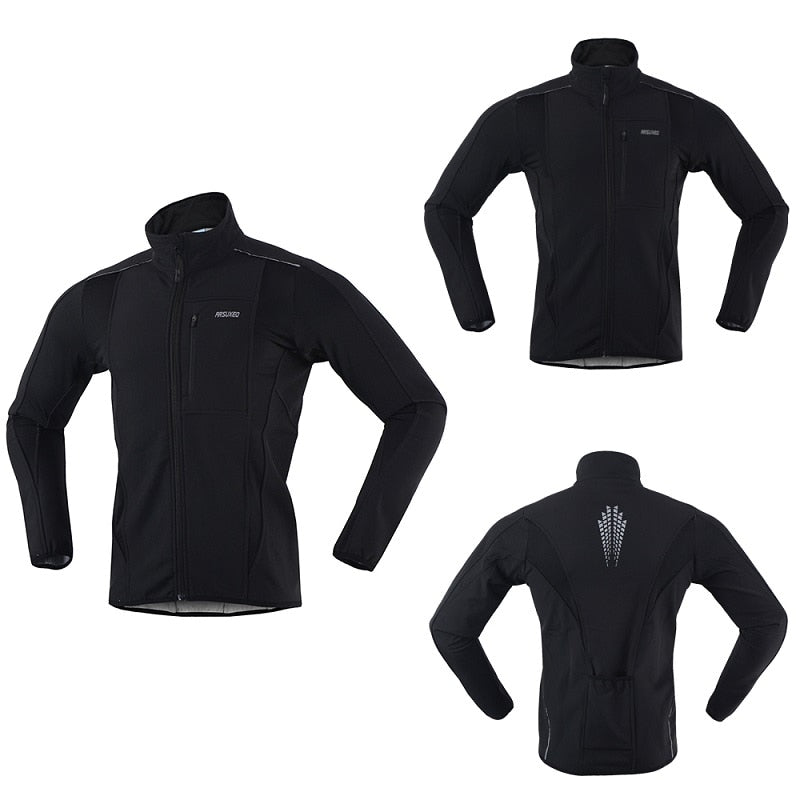 Men's winter cycling jacket featuring fleece lining, windproof and waterproof materials, reflective details, and multiple pockets for convenience.