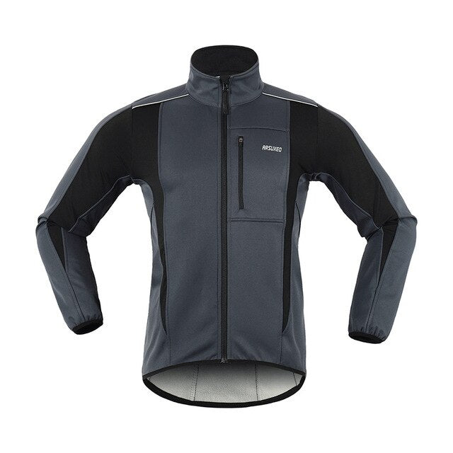 Men's winter cycling jacket featuring fleece lining, windproof and waterproof materials, reflective details, and multiple pockets for convenience.