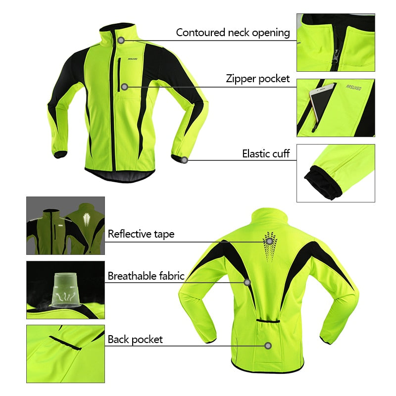 Men's winter cycling jacket featuring fleece lining, windproof and waterproof materials, reflective details, and multiple pockets for convenience.