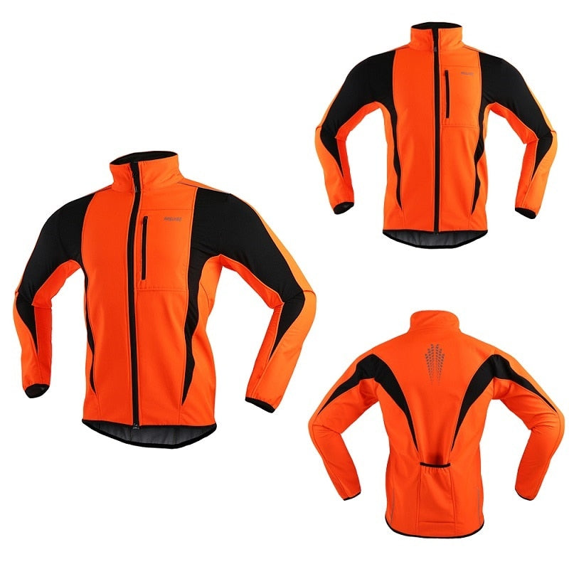 Men's winter cycling jacket featuring fleece lining, windproof and waterproof materials, reflective details, and multiple pockets for convenience.