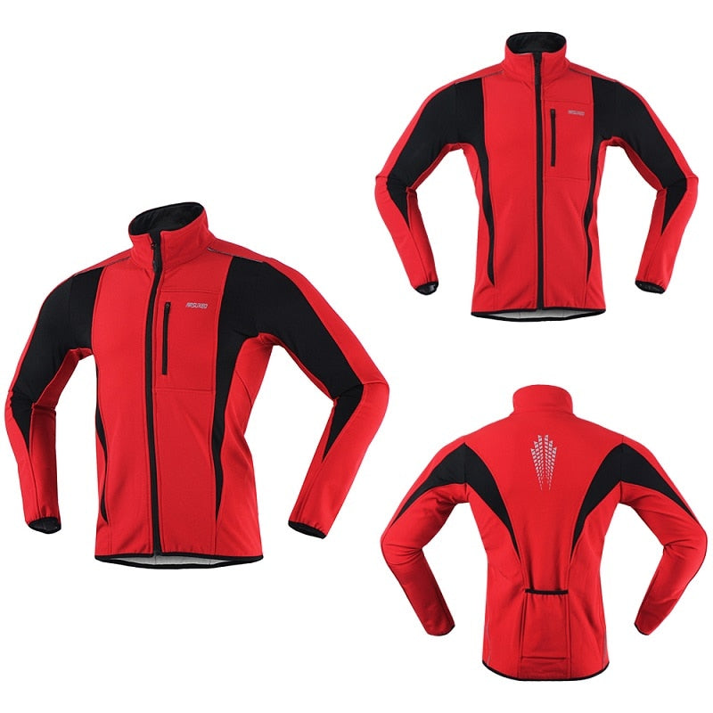 Men's winter cycling jacket featuring fleece lining, windproof and waterproof materials, reflective details, and multiple pockets for convenience.