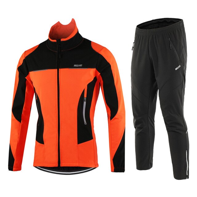 Men's winter cycling jacket set featuring windproof and waterproof materials, designed for thermal comfort and outdoor sports.