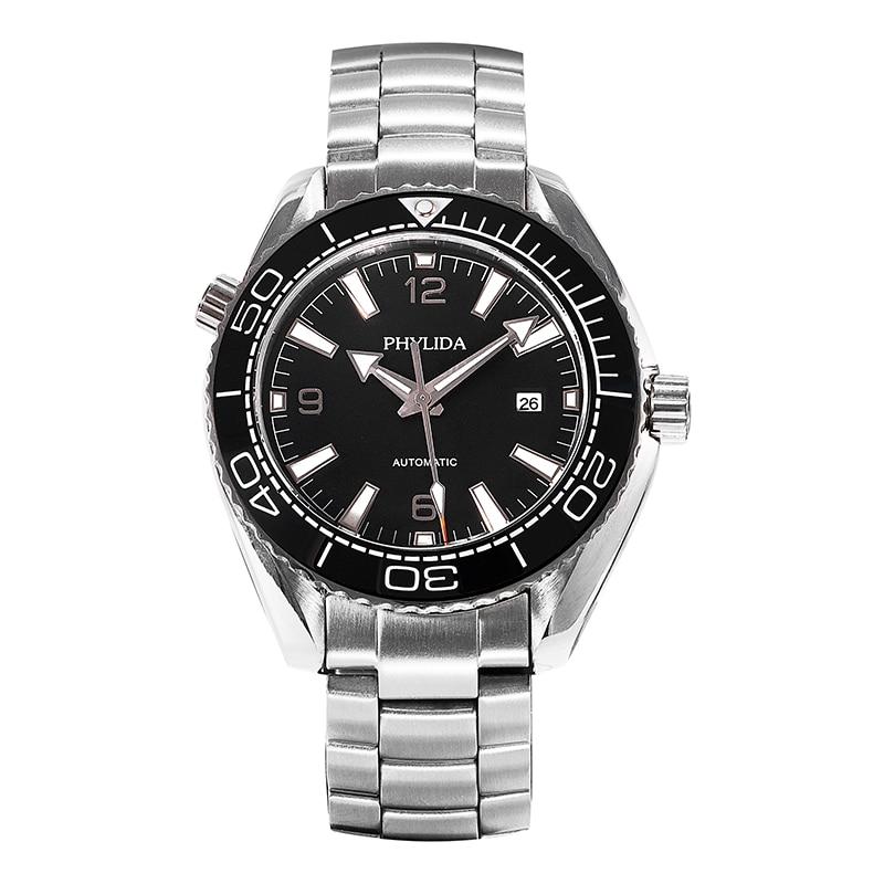 Men's 43.5mm Automatic Watch featuring a black dial, sapphire crystal, and stainless steel band, designed for diving and sports.