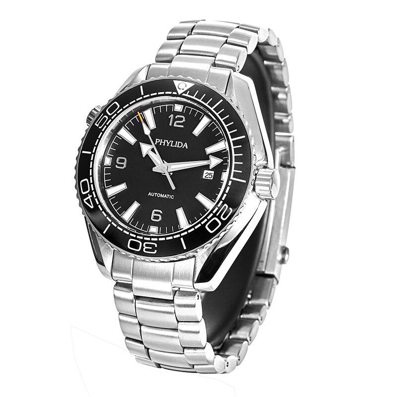 Men's 43.5mm Automatic Watch featuring a black dial, sapphire crystal, and stainless steel band, designed for diving and sports.