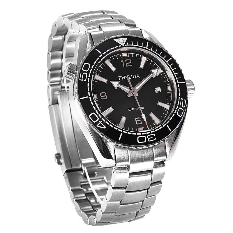 Men's 43.5mm Automatic Watch featuring a black dial, sapphire crystal, and stainless steel band, designed for diving and sports.