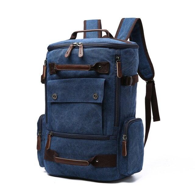 Men's Vintage Canvas Backpack in a stylish design, featuring multiple compartments and durable material, ideal for school and travel.