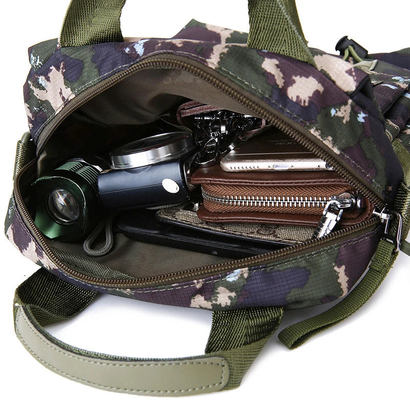 Men's waterproof nylon messenger bag in camouflage design, showcasing its stylish and functional features.