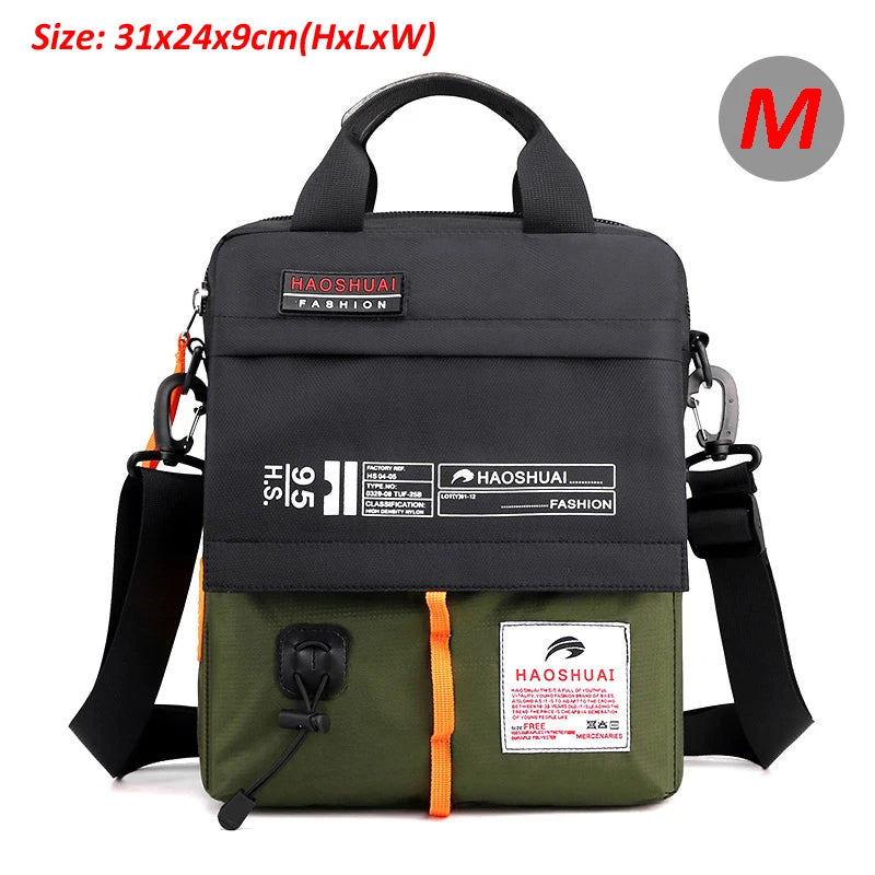 Men's waterproof nylon messenger bag in camouflage design, showcasing its stylish and functional features.