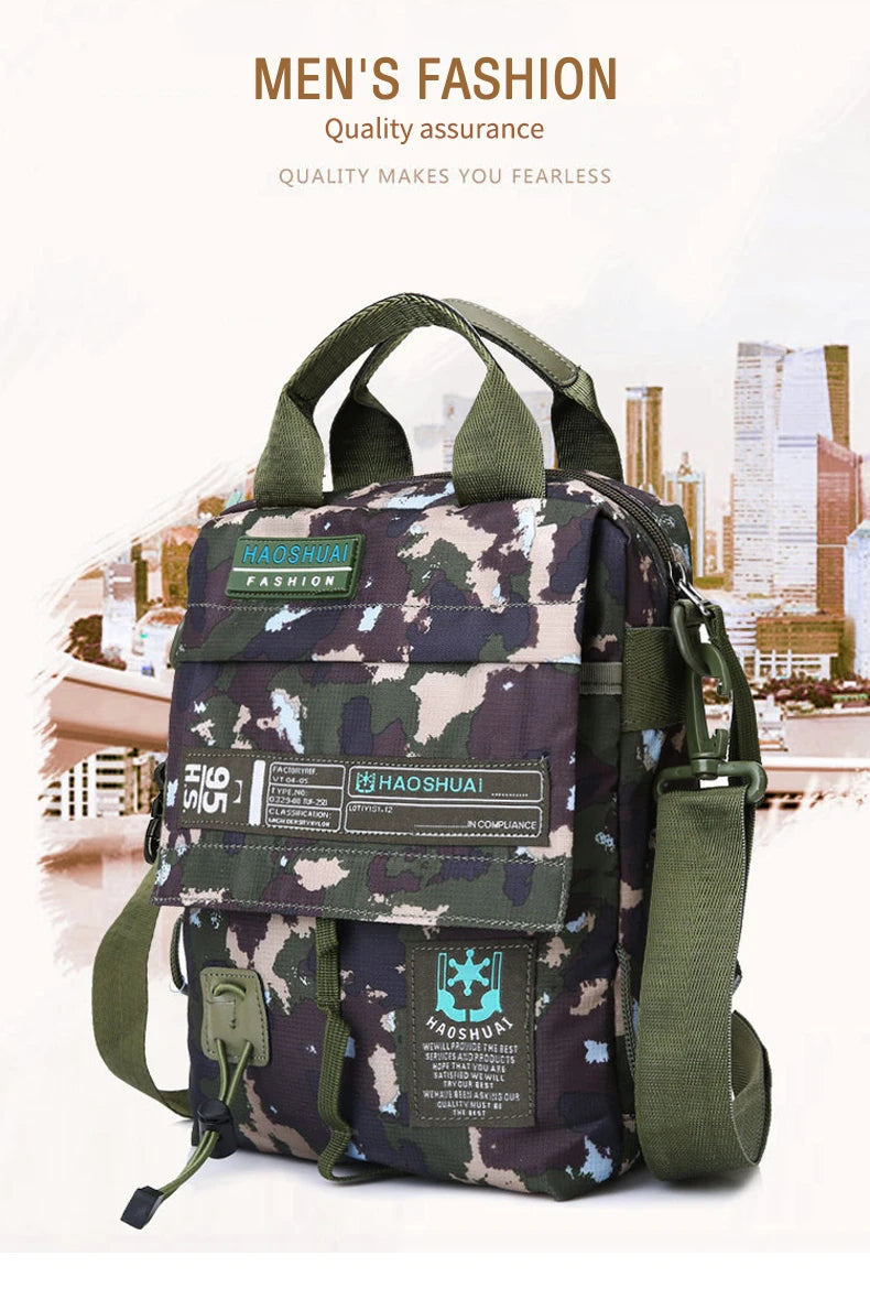 Men's waterproof nylon messenger bag in camouflage design, showcasing its stylish and functional features.