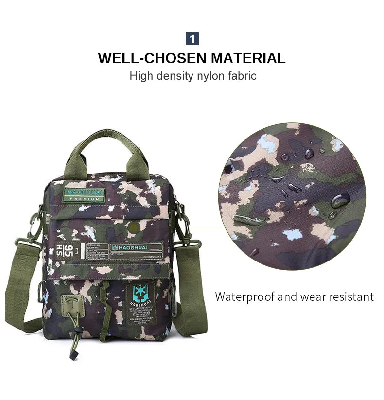 Men's waterproof nylon messenger bag in camouflage design, showcasing its stylish and functional features.