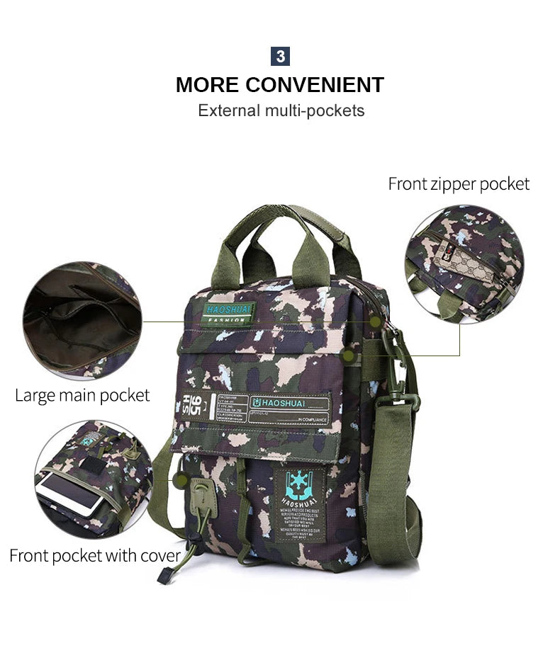 Men's waterproof nylon messenger bag in camouflage design, showcasing its stylish and functional features.