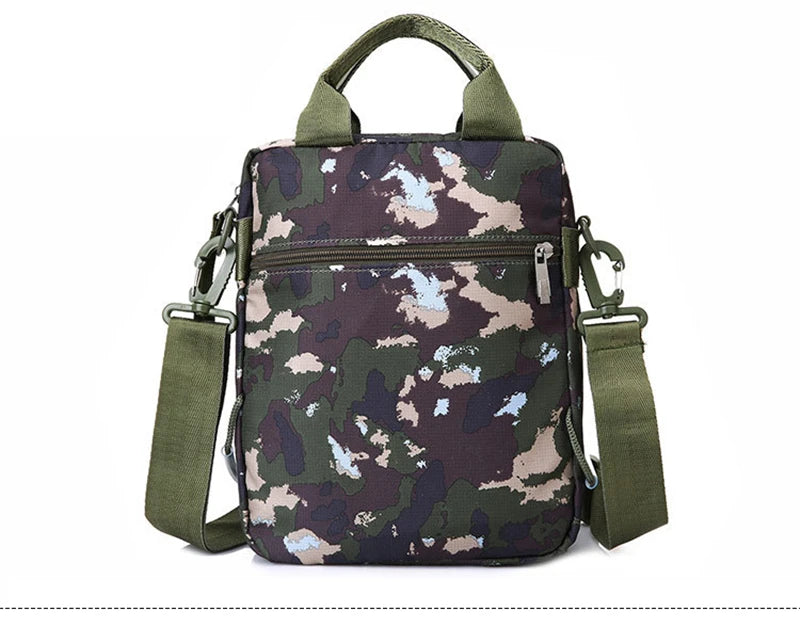 Men's waterproof nylon messenger bag in camouflage design, showcasing its stylish and functional features.