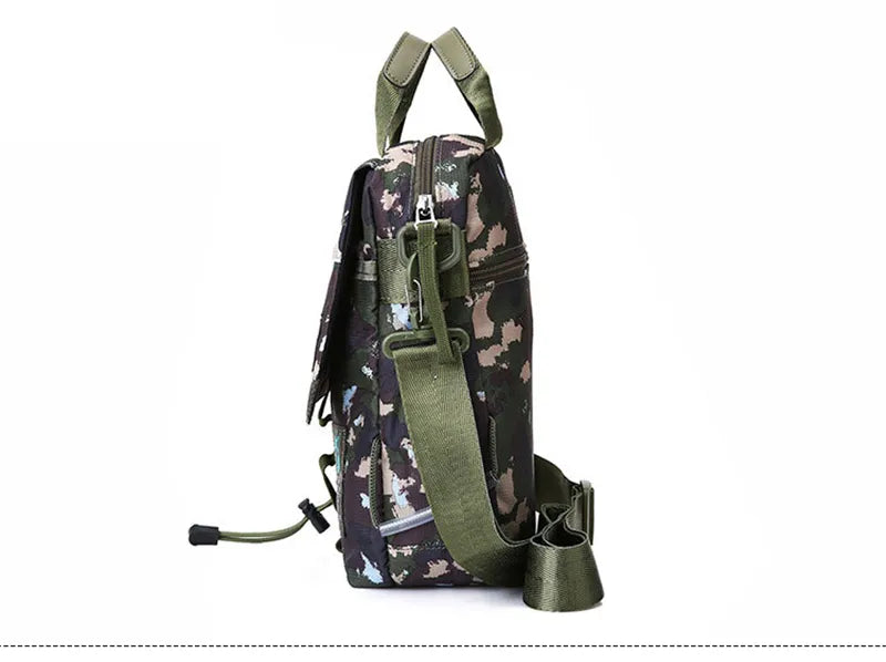 Men's waterproof nylon messenger bag in camouflage design, showcasing its stylish and functional features.