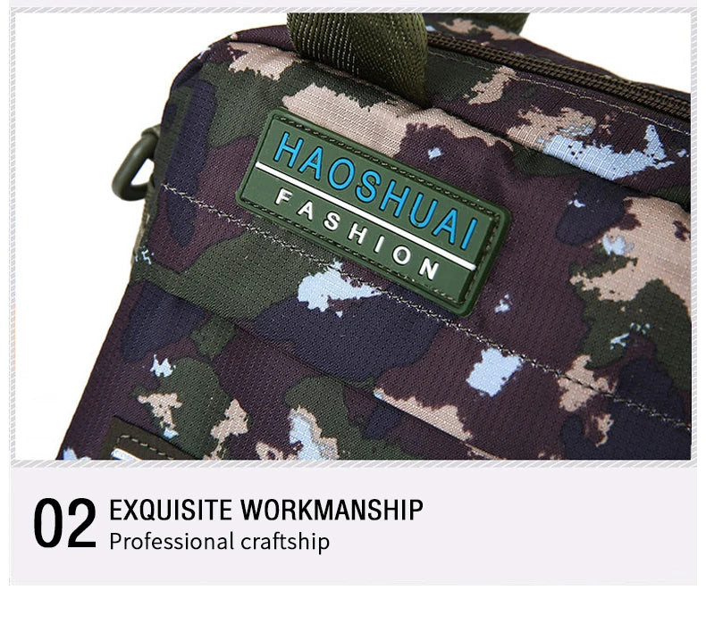 Men's waterproof nylon messenger bag in camouflage design, showcasing its stylish and functional features.