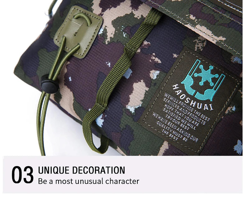 Men's waterproof nylon messenger bag in camouflage design, showcasing its stylish and functional features.