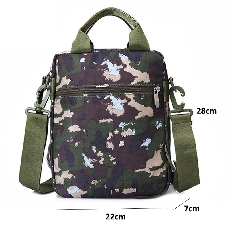 Men's waterproof nylon messenger bag in camouflage design, showcasing its stylish and functional features.