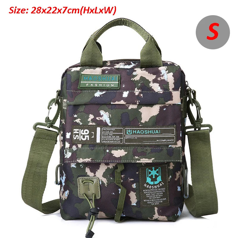 Men's waterproof nylon messenger bag in camouflage design, showcasing its stylish and functional features.