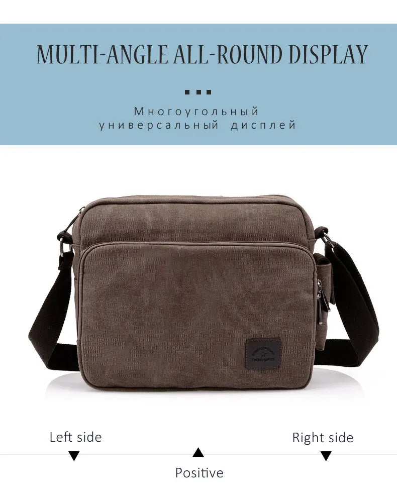 Men's vintage canvas messenger bag with adjustable strap and multiple compartments, perfect for daily use.