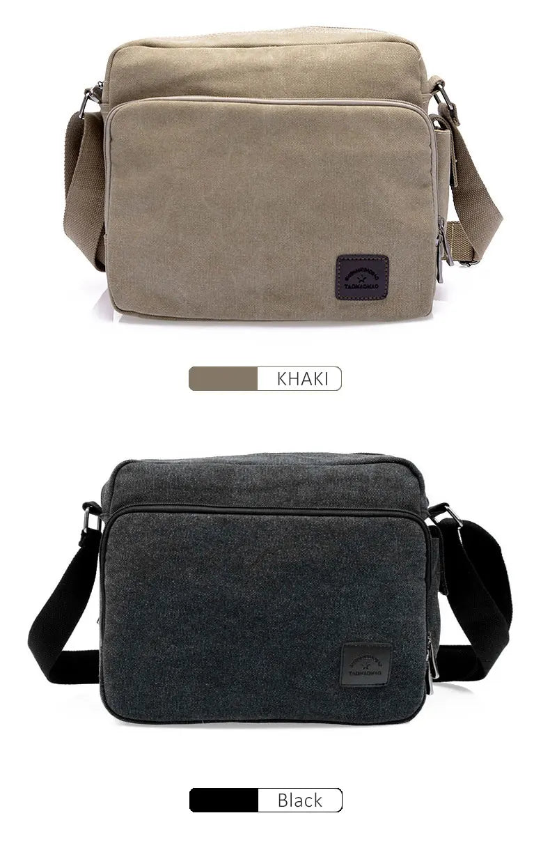 Men's vintage canvas messenger bag with adjustable strap and multiple compartments, perfect for daily use.