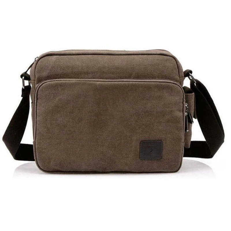 Men's vintage canvas messenger bag with adjustable strap and multiple compartments, perfect for daily use.