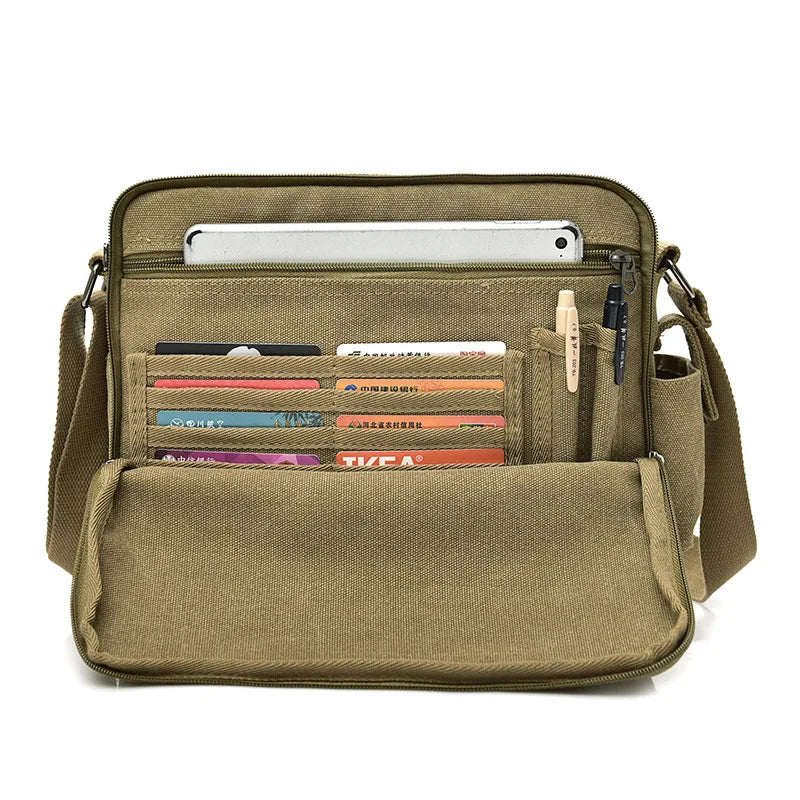 Men's vintage canvas messenger bag with adjustable strap and multiple compartments, perfect for daily use.