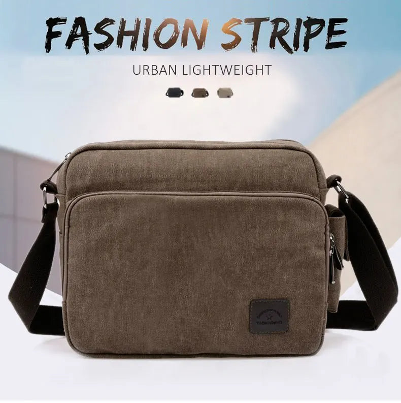 Men's vintage canvas messenger bag with adjustable strap and multiple compartments, perfect for daily use.