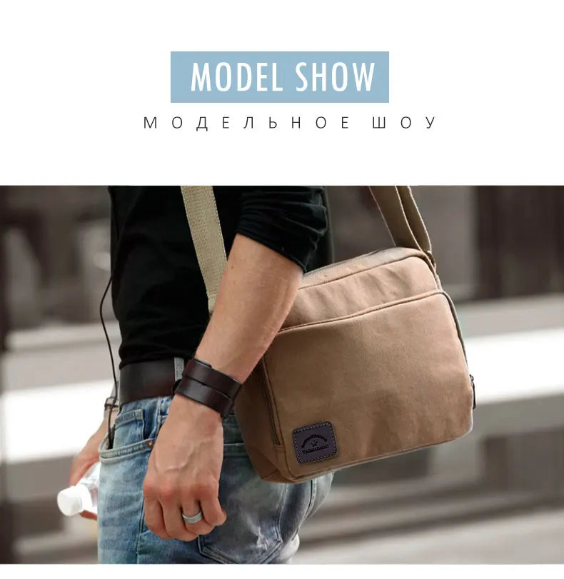 Men's vintage canvas messenger bag with adjustable strap and multiple compartments, perfect for daily use.