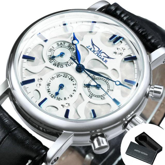 Luxury men's watch with leather strap, 3 sub-dials, and 6 hands, showcasing a stylish design.