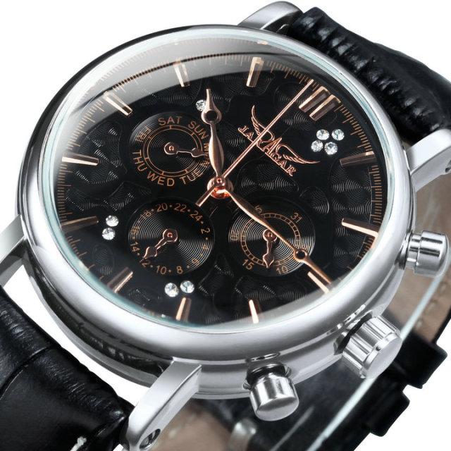 Luxury men's watch with leather strap, 3 sub-dials, and 6 hands, showcasing a stylish design.