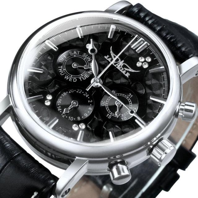 Luxury men's watch with leather strap, 3 sub-dials, and 6 hands, showcasing a stylish design.