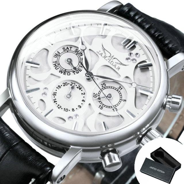 Luxury men's watch with leather strap, 3 sub-dials, and 6 hands, showcasing a stylish design.