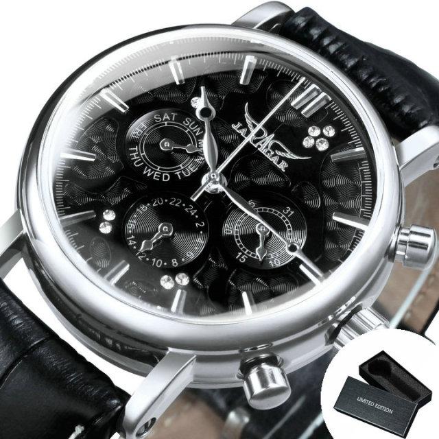 Luxury men's watch with leather strap, 3 sub-dials, and 6 hands, showcasing a stylish design.