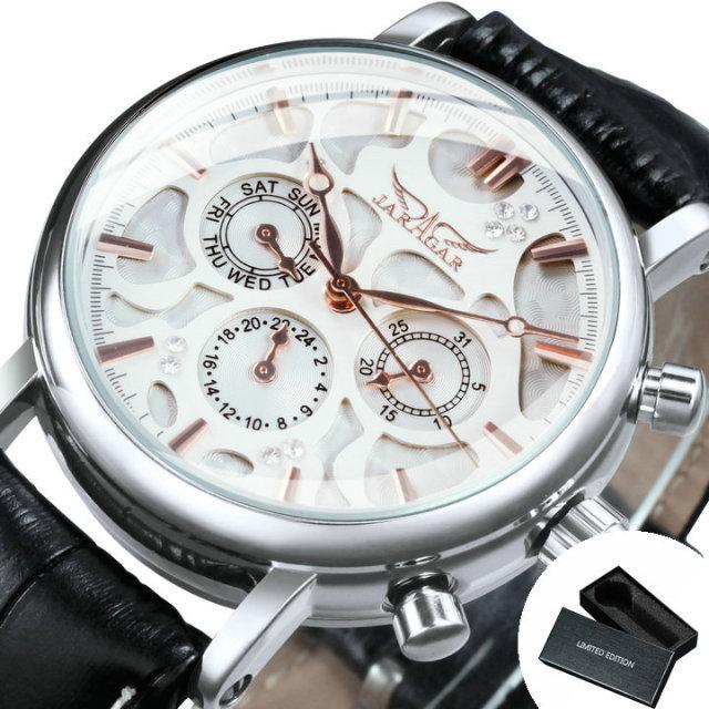 Luxury men's watch with leather strap, 3 sub-dials, and 6 hands, showcasing a stylish design.