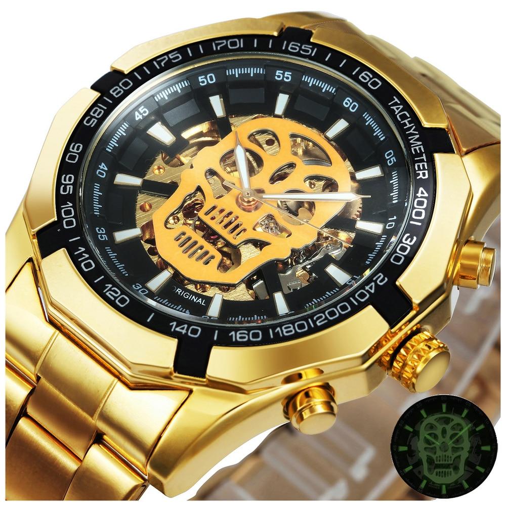 Mens Top Brand Luxury Automatic Mechanical Gold Watch with stainless steel band and luminous features, showcasing a stylish skeleton skull design.