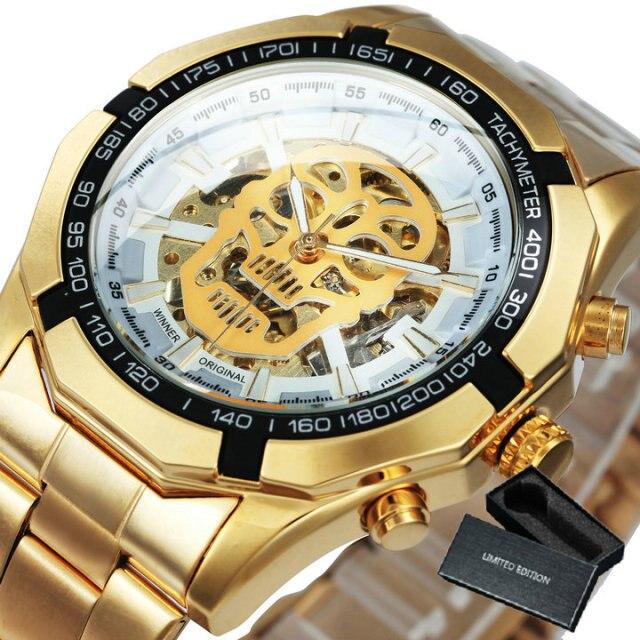 Mens Top Brand Luxury Automatic Mechanical Gold Watch with stainless steel band and luminous features, showcasing a stylish skeleton skull design.