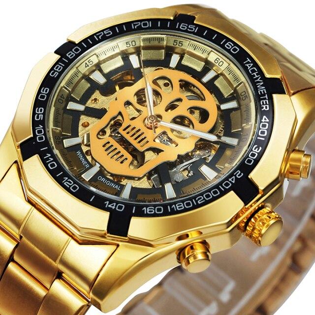 Mens Top Brand Luxury Automatic Mechanical Gold Watch with stainless steel band and luminous features, showcasing a stylish skeleton skull design.