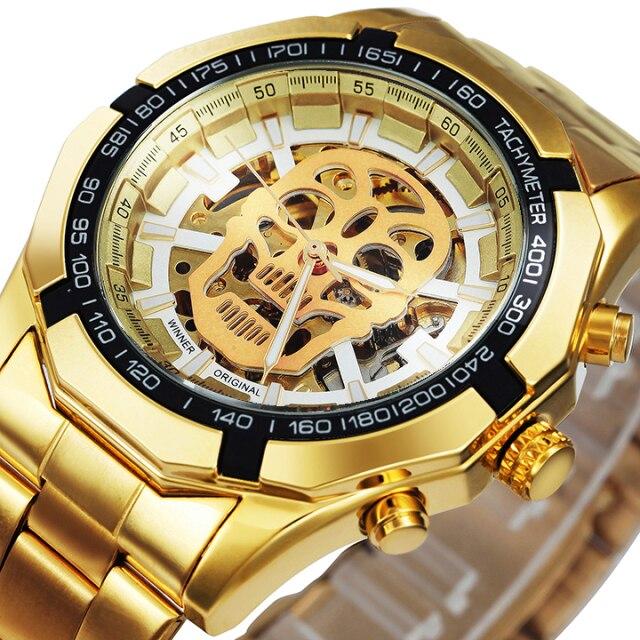 Mens Top Brand Luxury Automatic Mechanical Gold Watch with stainless steel band and luminous features, showcasing a stylish skeleton skull design.