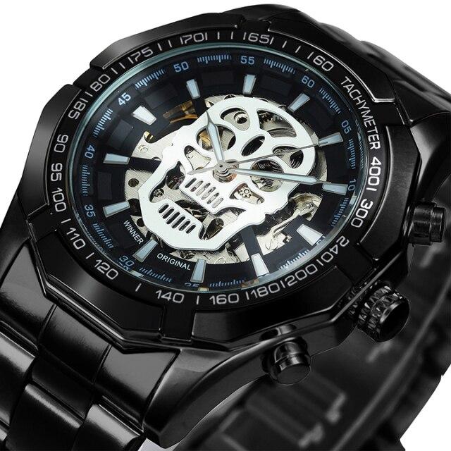 Mens Top Brand Luxury Automatic Mechanical Gold Watch with stainless steel band and luminous features, showcasing a stylish skeleton skull design.