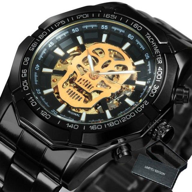 Mens Top Brand Luxury Automatic Mechanical Gold Watch with stainless steel band and luminous features, showcasing a stylish skeleton skull design.