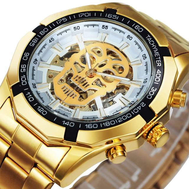 Mens Top Brand Luxury Automatic Mechanical Gold Watch with stainless steel band and luminous features, showcasing a stylish skeleton skull design.