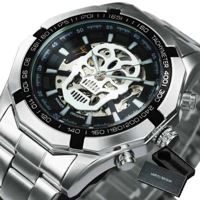 Mens Top Brand Luxury Automatic Mechanical Gold Watch with stainless steel band and luminous features, showcasing a stylish skeleton skull design.